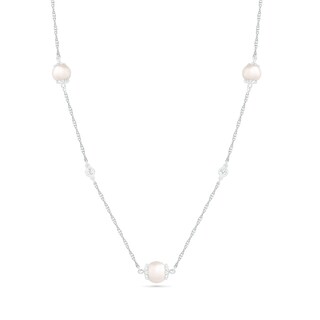 5.0-6.0mm Freshwater Cultured Pearl and White Lab-Created Sapphire Alternating Station Necklace in Sterling Silver