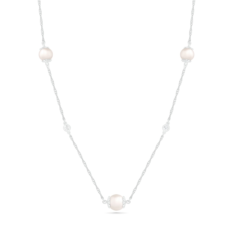 Main Image 1 of 5.0-6.0mm Freshwater Cultured Pearl and White Lab-Created Sapphire Alternating Station Necklace in Sterling Silver