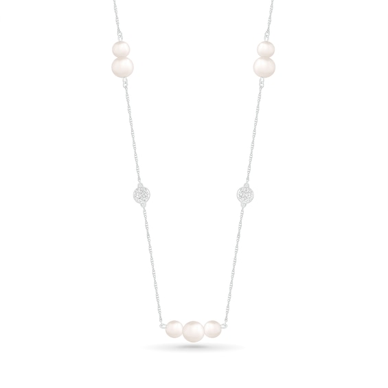Freshwater Cultured Pearl and White Lab-Created Sapphire Cluster Alternating Station Necklace in Sterling Silver