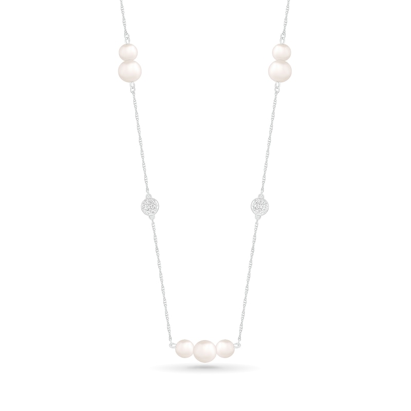 Freshwater Cultured Pearl and White Lab-Created Sapphire Cluster Alternating Station Necklace in Sterling Silver