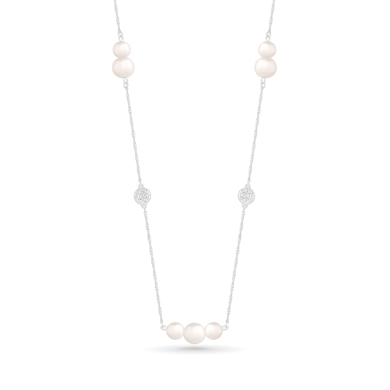 Cultured Freshwater Pearl and White Lab-Created Sapphire Cluster Alternating Station Necklace in Sterling Silver