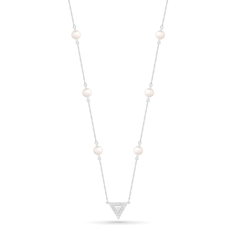 4.0mm Cultured Freshwater Pearl and White Lab-Created Sapphire Beaded Triangle Station Necklace in Sterling Silver