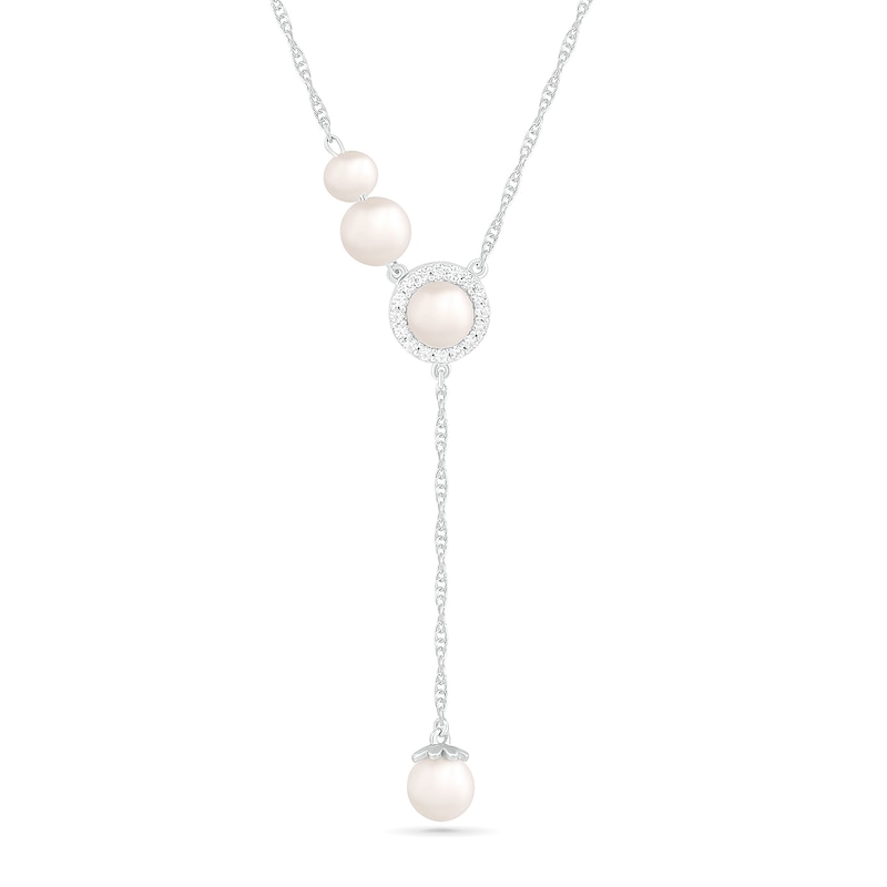 4.0-5.0mm Cultured Freshwater Pearl and White Lab-Created Sapphire Frame Abstract "Y" Necklace in Sterling Silver
