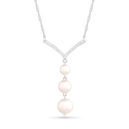 4.0-6.0mm Freshwater Cultured Pearl and White Lab-Created Sapphire Chevron "Y" Necklace in Sterling Silver