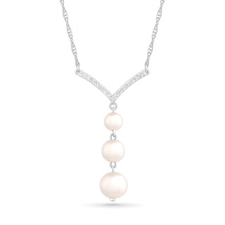 4.0-6.0mm Freshwater Cultured Pearl and White Lab-Created Sapphire Chevron "Y" Necklace in Sterling Silver