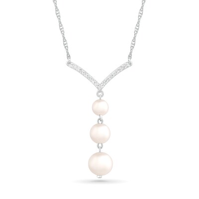 4.0-6.0mm Freshwater Cultured Pearl and White Lab-Created Sapphire Chevron "Y" Necklace in Sterling Silver