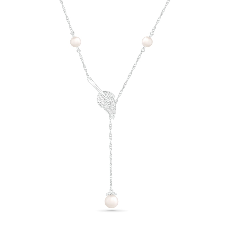 Cultured Freshwater Pearl and White Lab-Created Sapphire Leaf Accent Station Lariat Necklace in Sterling Silver