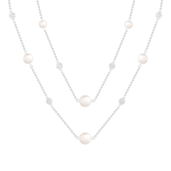 Freshwater Cultured Pearl and White Lab-Created Sapphire Cluster Station Double Strand Necklace in Sterling Silver