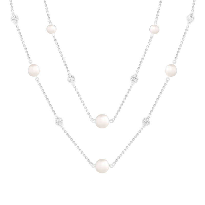 Cultured Freshwater Pearl and White Lab-Created Sapphire Cluster Station Double Strand Necklace in Sterling Silver
