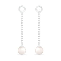 7.0mm Freshwater Cultured Pearl and White Lab-Created Sapphire Open Circle Linear Drop Earrings in Sterling Silver
