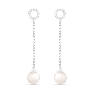 7.0mm Freshwater Cultured Pearl and White Lab-Created Sapphire Open Circle Linear Drop Earrings in Sterling Silver