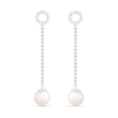 7.0mm Freshwater Cultured Pearl and White Lab-Created Sapphire Open Circle Linear Drop Earrings in Sterling Silver