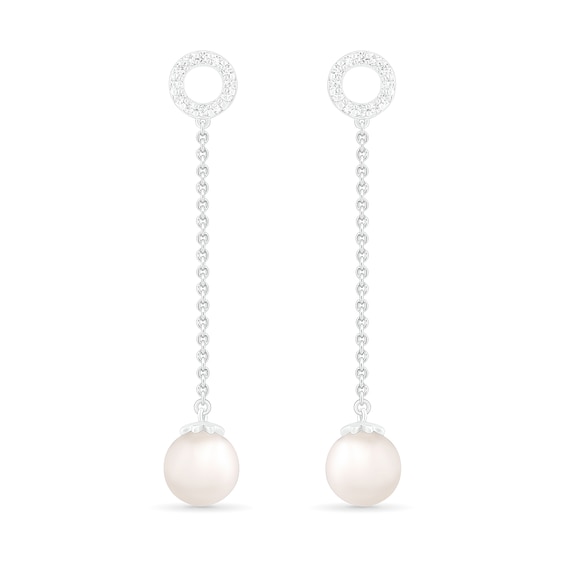 7.0mm Freshwater Cultured Pearl and White Lab-Created Sapphire Open Circle Linear Drop Earrings in Sterling Silver