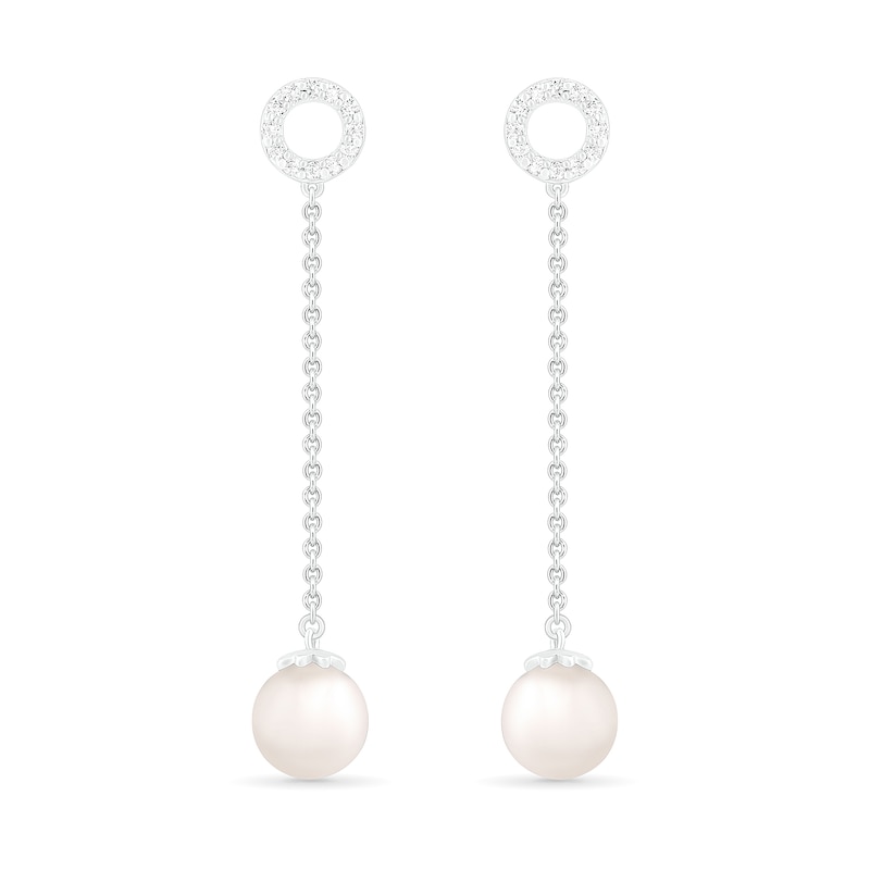 7.0mm Cultured Freshwater Pearl and White Lab-Created Sapphire Open Circle Linear Drop Earrings in Sterling Silver|Peoples Jewellers