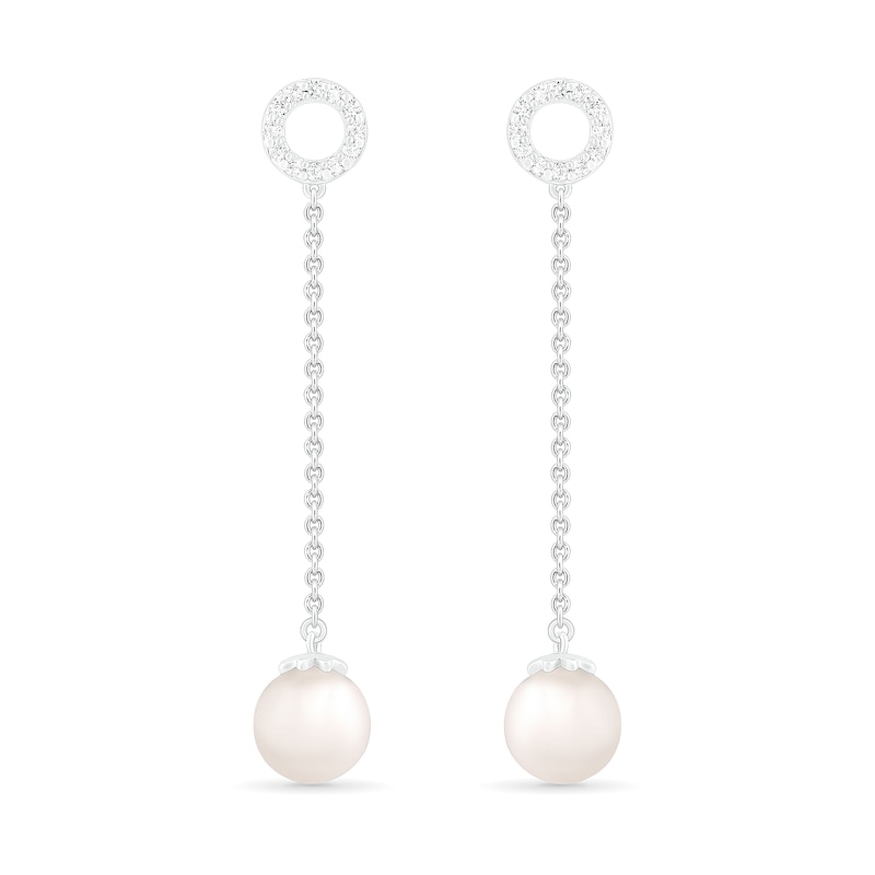 7.0mm Freshwater Cultured Pearl and White Lab-Created Sapphire Open Circle Linear Drop Earrings in Sterling Silver