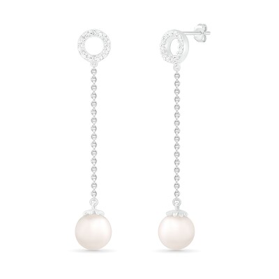 7.0mm Freshwater Cultured Pearl and White Lab-Created Sapphire Open Circle Linear Drop Earrings in Sterling Silver