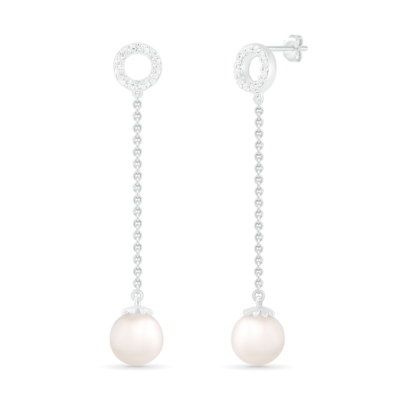 7.0mm Freshwater Cultured Pearl and White Lab-Created Sapphire Open Circle Linear Drop Earrings in Sterling Silver