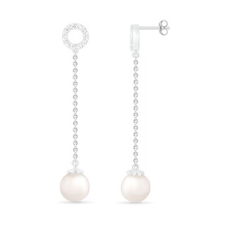 7.0mm Freshwater Cultured Pearl and White Lab-Created Sapphire Open Circle Linear Drop Earrings in Sterling Silver