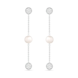 6.0mm Freshwater Cultured Pearl and White Lab-Created Sapphire Cluster Linear Triple Drop Earrings in Sterling Silver