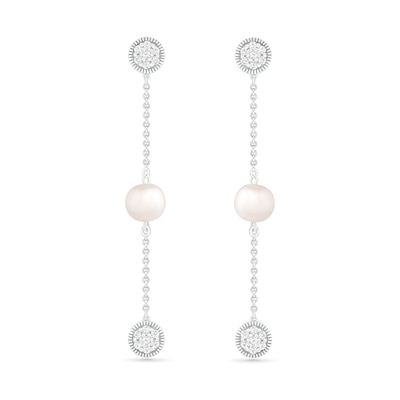 6.0mm Freshwater Cultured Pearl and White Lab-Created Sapphire Cluster Linear Triple Drop Earrings in Sterling Silver
