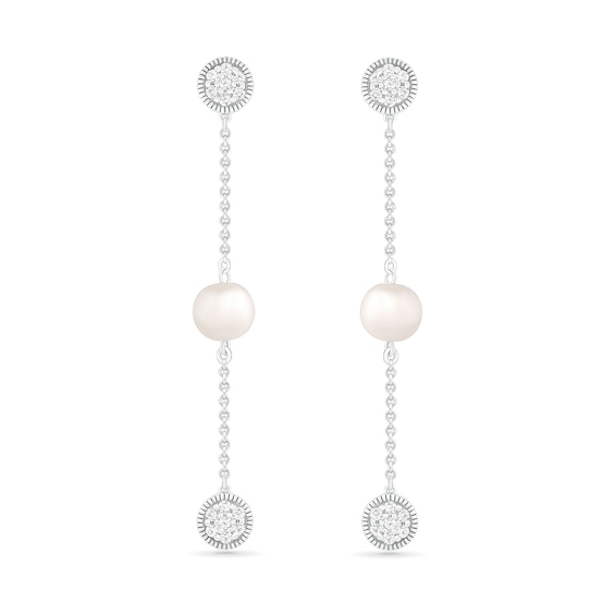 6.0mm Freshwater Cultured Pearl and White Lab-Created Sapphire Cluster Linear Triple Drop Earrings in Sterling Silver