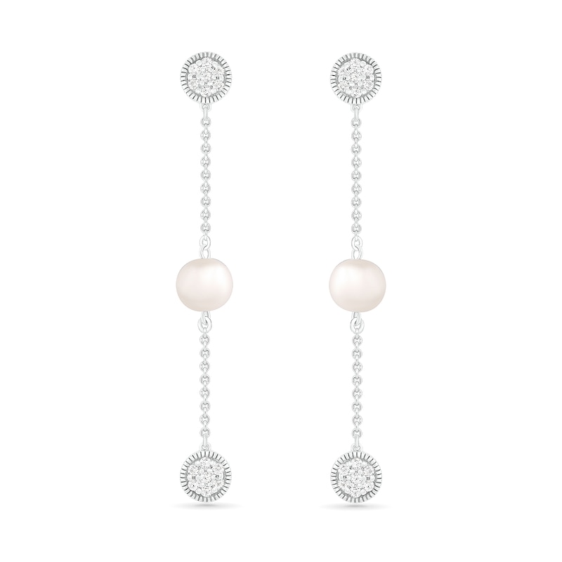 6.0mm Freshwater Cultured Pearl and White Lab-Created Sapphire Cluster Linear Triple Drop Earrings in Sterling Silver