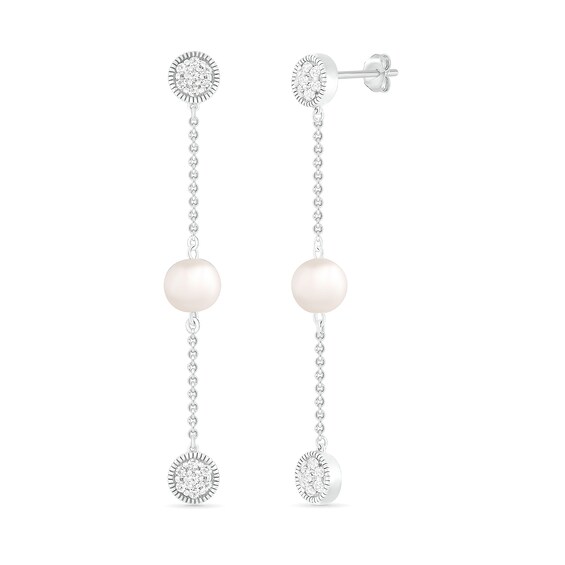 6.0mm Freshwater Cultured Pearl and White Lab-Created Sapphire Cluster Linear Triple Drop Earrings in Sterling Silver