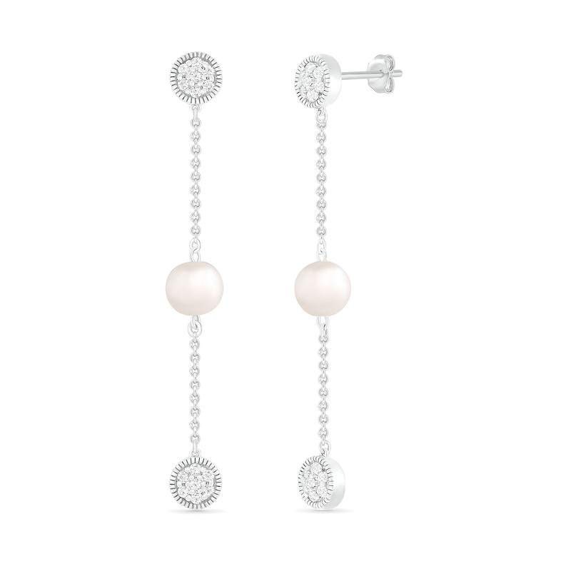 6.0mm Freshwater Cultured Pearl and White Lab-Created Sapphire Cluster Linear Triple Drop Earrings in Sterling Silver