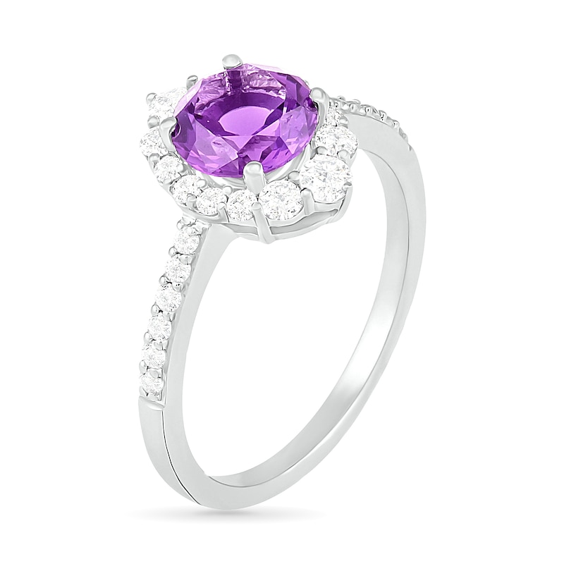 Main Image 3 of 7.0mm Amethyst and White Lab-Created Sapphire Ornate Frame Ring in Sterling Silver