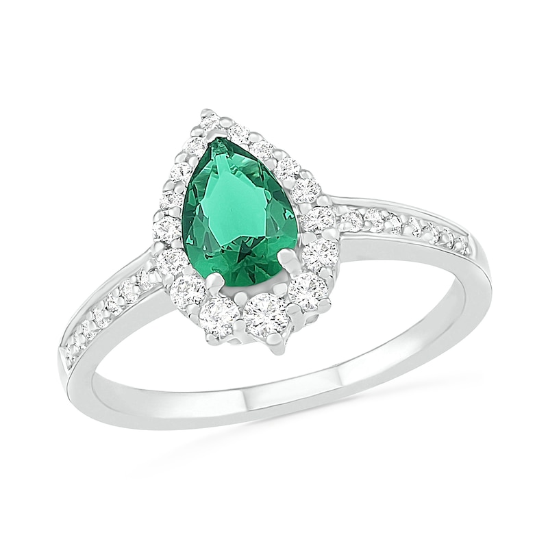 Pear-Shaped Lab-Created Emerald and White Sapphire Crown Frame Ring in Sterling Silver