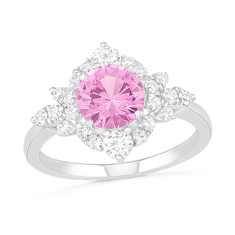 7.0mm Lab-Created Pink and White Sapphire Floral Frame Ring in Sterling Silver