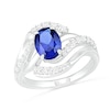 Thumbnail Image 0 of Oval Lab-Created Blue and White Sapphire Wave Bypass Split Shank Ring in Sterling Silver