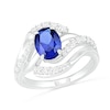 Oval Lab-Created Blue and White Sapphire Wave Bypass Split Shank Ring in Sterling Silver