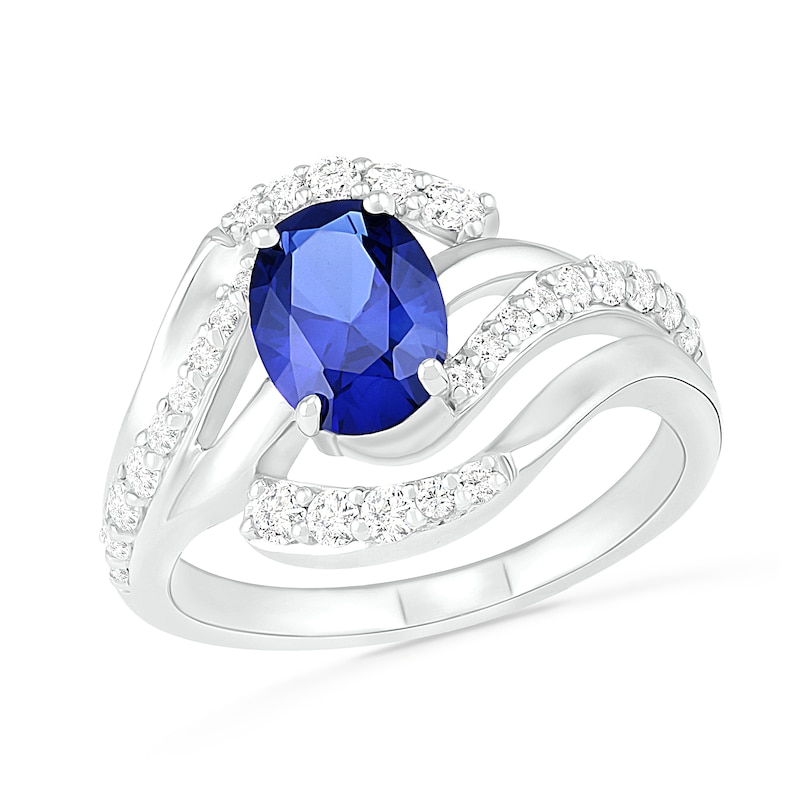 Oval Lab-Created Blue and White Sapphire Wave Bypass Split Shank Ring in Sterling Silver