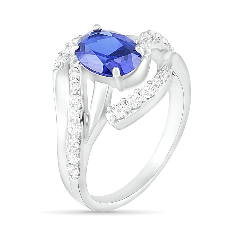 Oval Lab-Created Blue and White Sapphire Wave Bypass Split Shank Ring in Sterling Silver