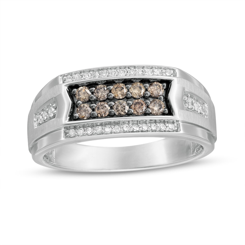 Men's 0.50 CT. T.W. Champagne and White Diamond Double Row Centre Ribbon Border Side Accent Ring in 10K White Gold