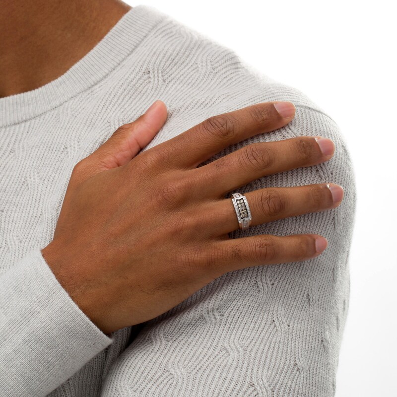0.50 CT. T.W. Champagne and White Diamond Double Row Centre Ribbon Border Side Accent Ring in 10K White Gold