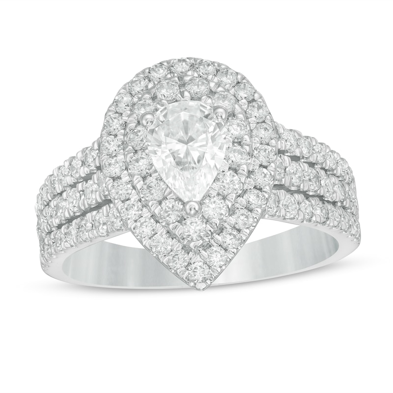 Main Image 1 of 1.75 CT. T.W. Certified Lab-Created Pear-Shaped Diamond Double Frame Multi-Row Engagement Ring in 14K White Gold (F/SI2)