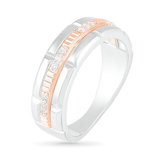 Men's 0.115 CT. T.W. Diamond Textured Triple Row Wedding Band in 10K Two-Tone Gold