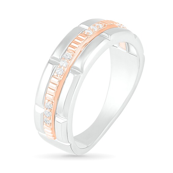 Men's 0.115 CT. T.W. Diamond Textured Triple Row Wedding Band in 10K Two-Tone Gold