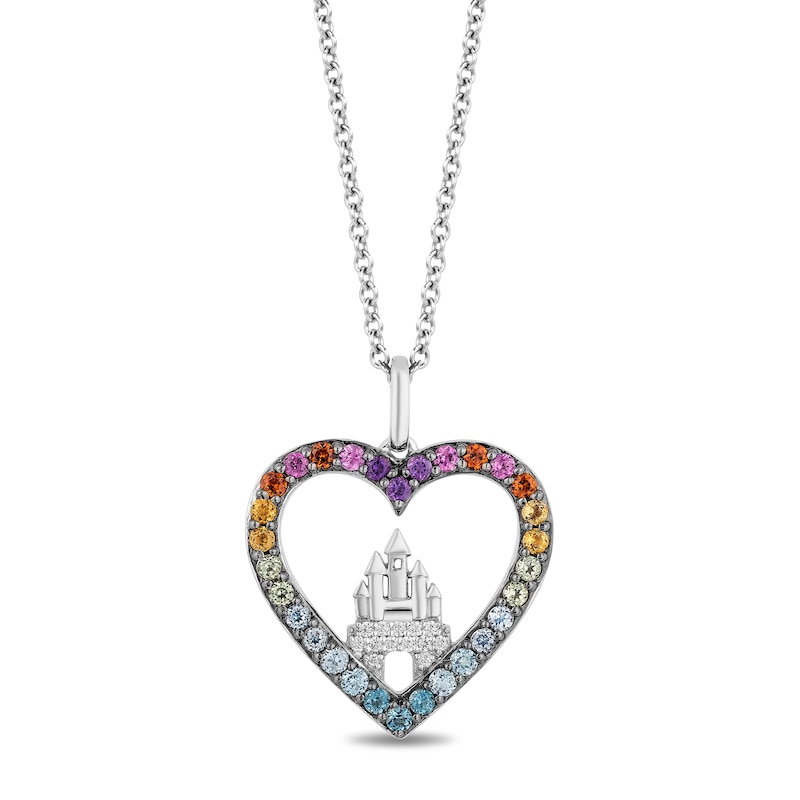 Enchanted Disney Ultimate Princess Celebration Multi-Gemstone and 0.04 CT. T.W. Diamond Heart Pendant in Sterling Silver