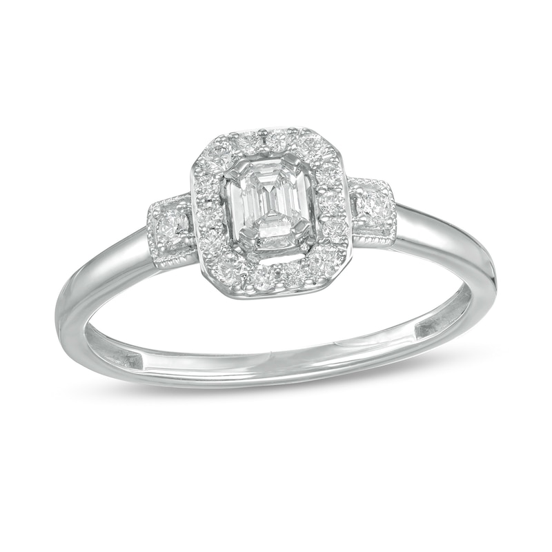0.25 CT. T.W. Emerald-Cut Diamond Frame Vintage-Style Promise Ring in 10K White Gold