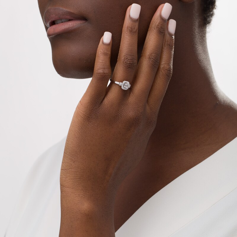 Main Image 2 of 0.25 CT. T.W. Emerald-Cut Diamond Frame Vintage-Style Promise Ring in 10K White Gold