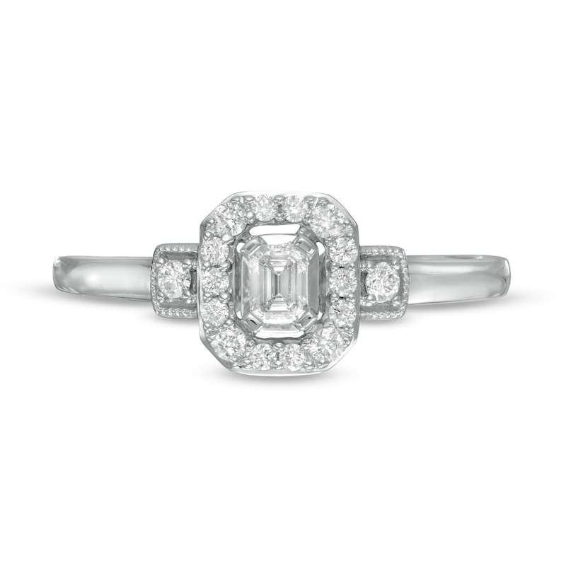 Main Image 4 of 0.25 CT. T.W. Emerald-Cut Diamond Frame Vintage-Style Promise Ring in 10K White Gold
