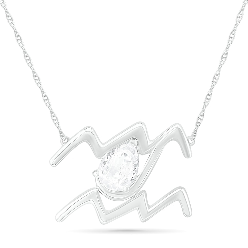 Pear-Shaped White Lab-Created Sapphire Aquarius Zodiac Sign Necklace in Sterling Silver|Peoples Jewellers