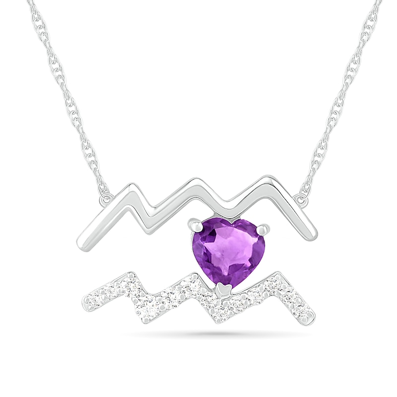 6.0mm Heart-Shaped Amethyst and White Lab-Created Sapphire Aquarius Zodiac Sign Necklace in Sterling Silver|Peoples Jewellers