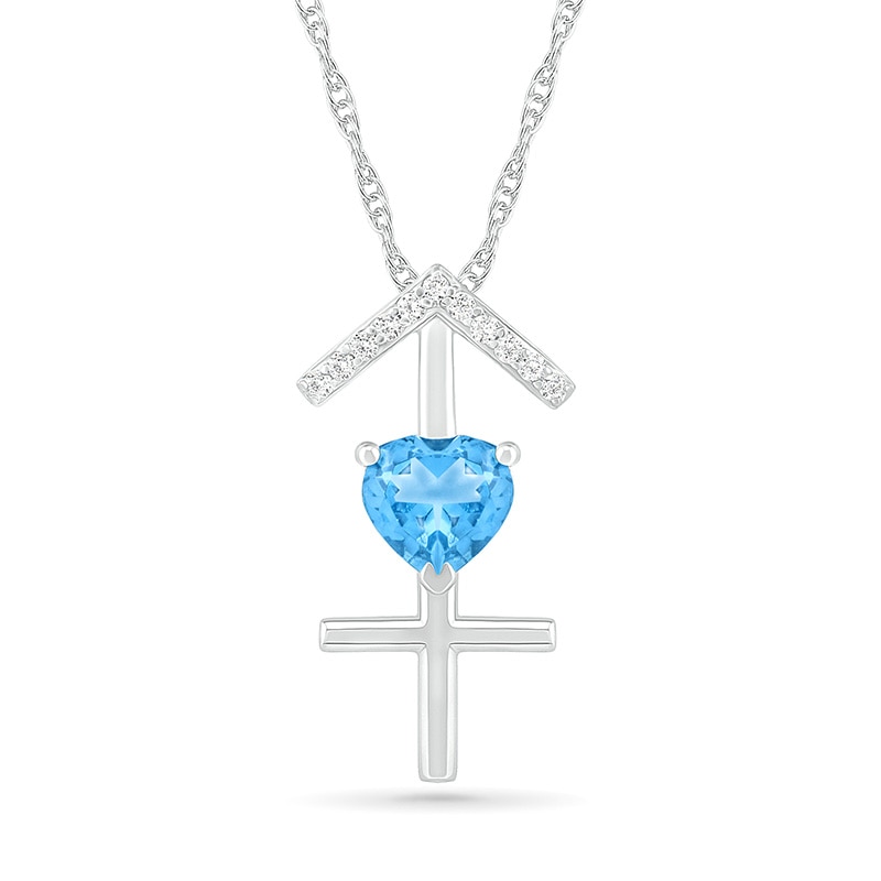 6.0mm Heart-Shaped Blue Topaz and White Lab-Created Sapphire Sagittarius Zodiac Sign Pendant in Sterling Silver