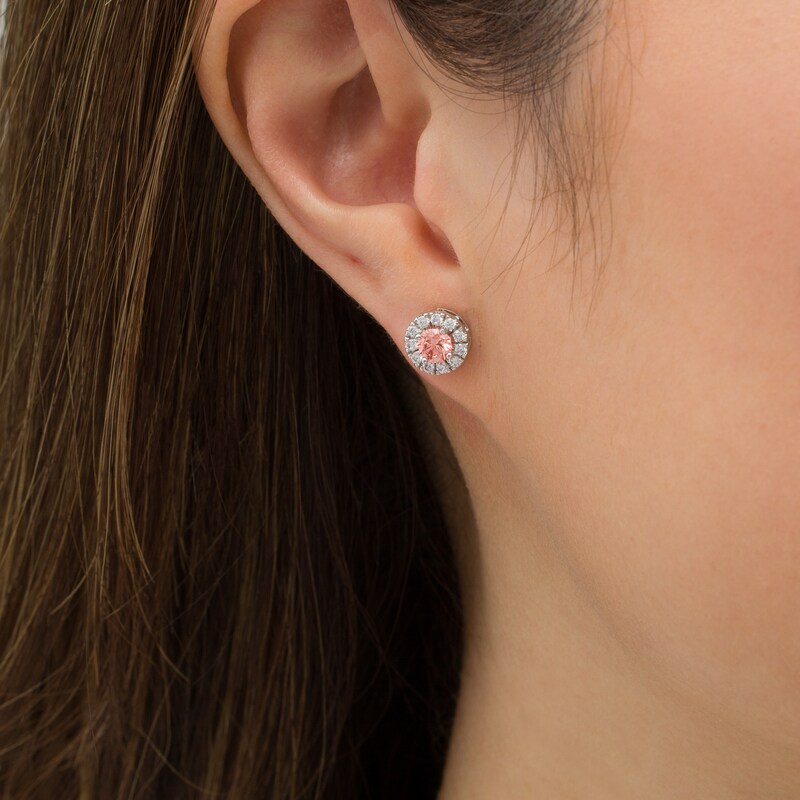 1.00 CT. T.W. Certified Lab-Grown Pink and White Diamond Frame Stud Earrings in 14K White Gold (SI2)