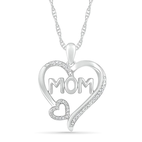 0.085 CT. T.W. Diamond Double Heart "MOM" Pendant in Sterling Silver