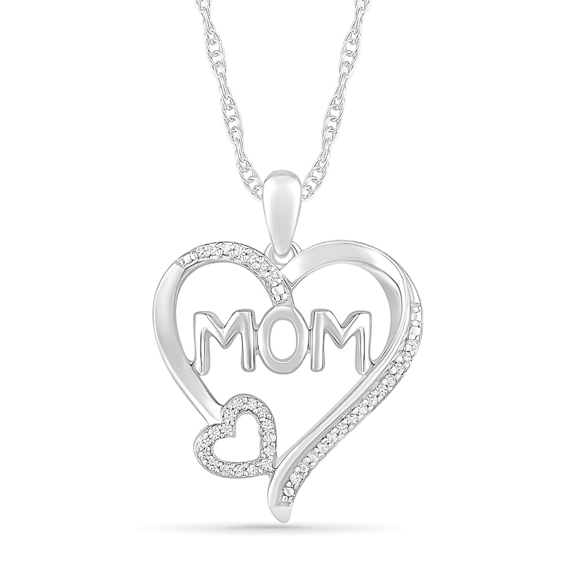 0.085 CT. T.W. Diamond Double Heart "MOM" Pendant in Sterling Silver|Peoples Jewellers